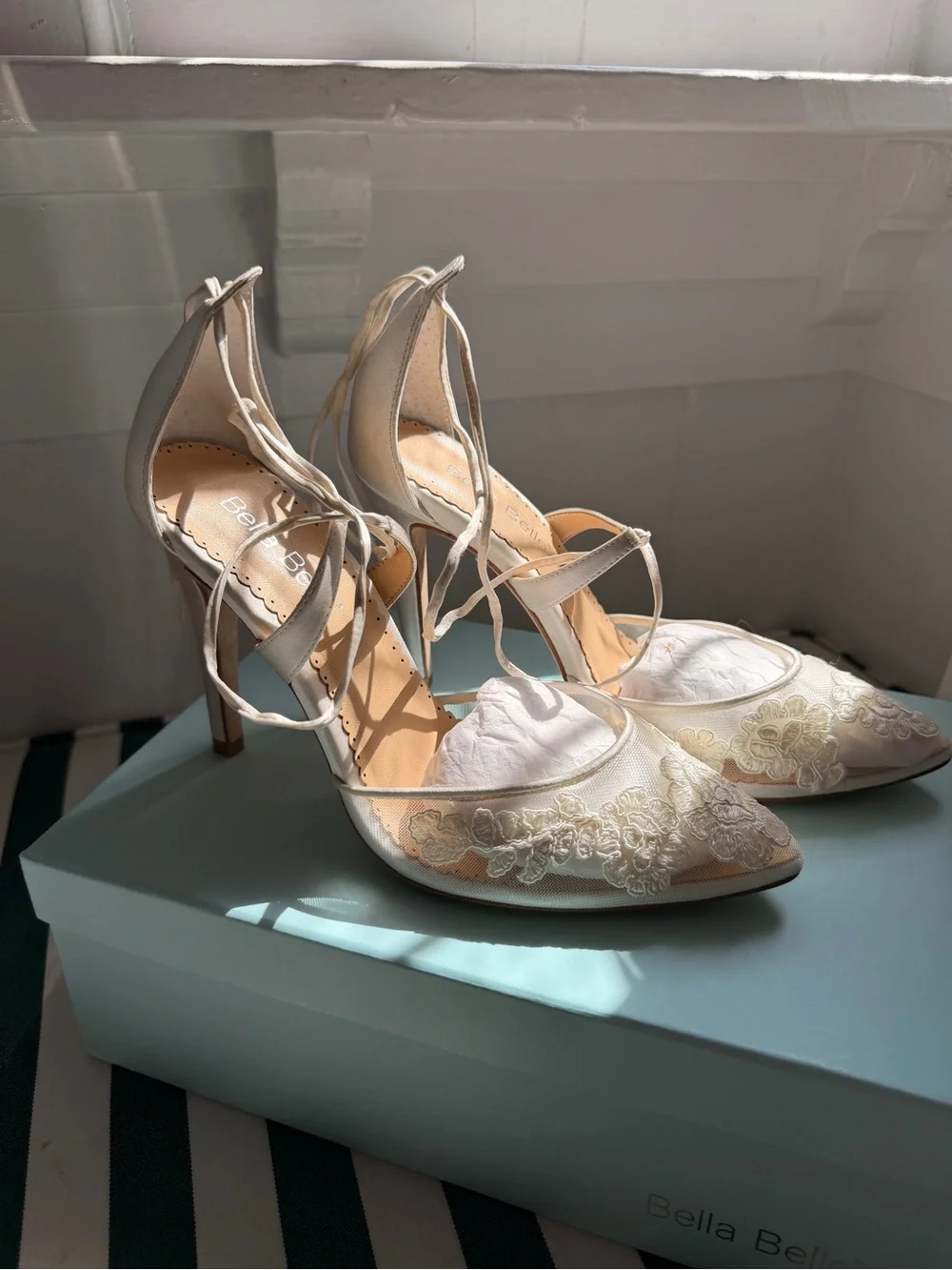 Bella Belle White Lace Pointed-Toe Heels with Ankle Tie